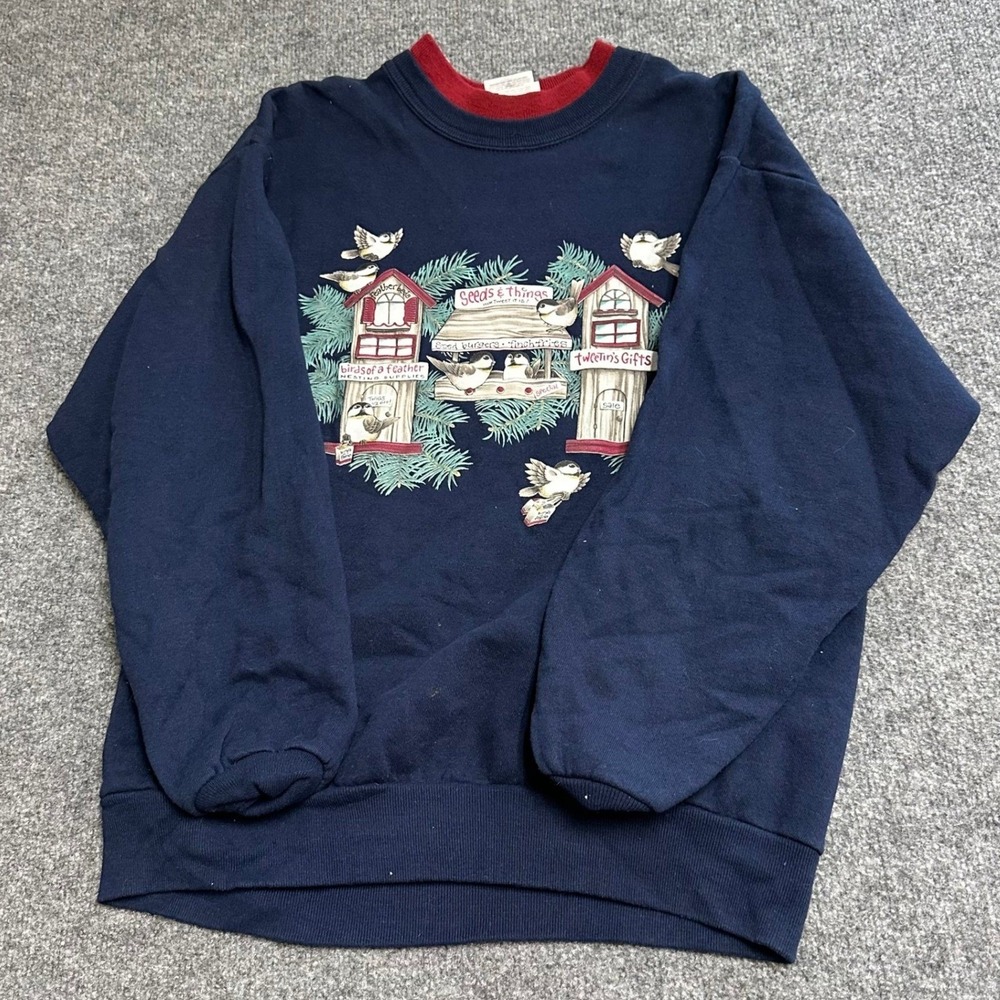 Morning Sun Sweatshirt Womens Size L Navy Blue Vintage Birdhouse Graphic USA